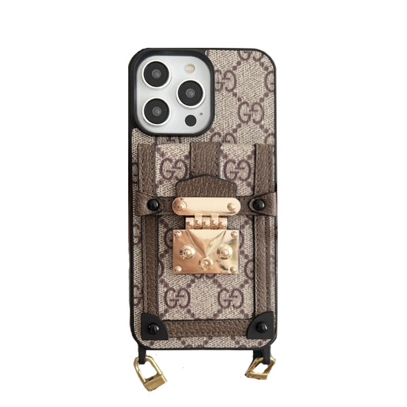 GG iPhone Case With Wallet And Strap Brown -TDK240330-GTOCASE
