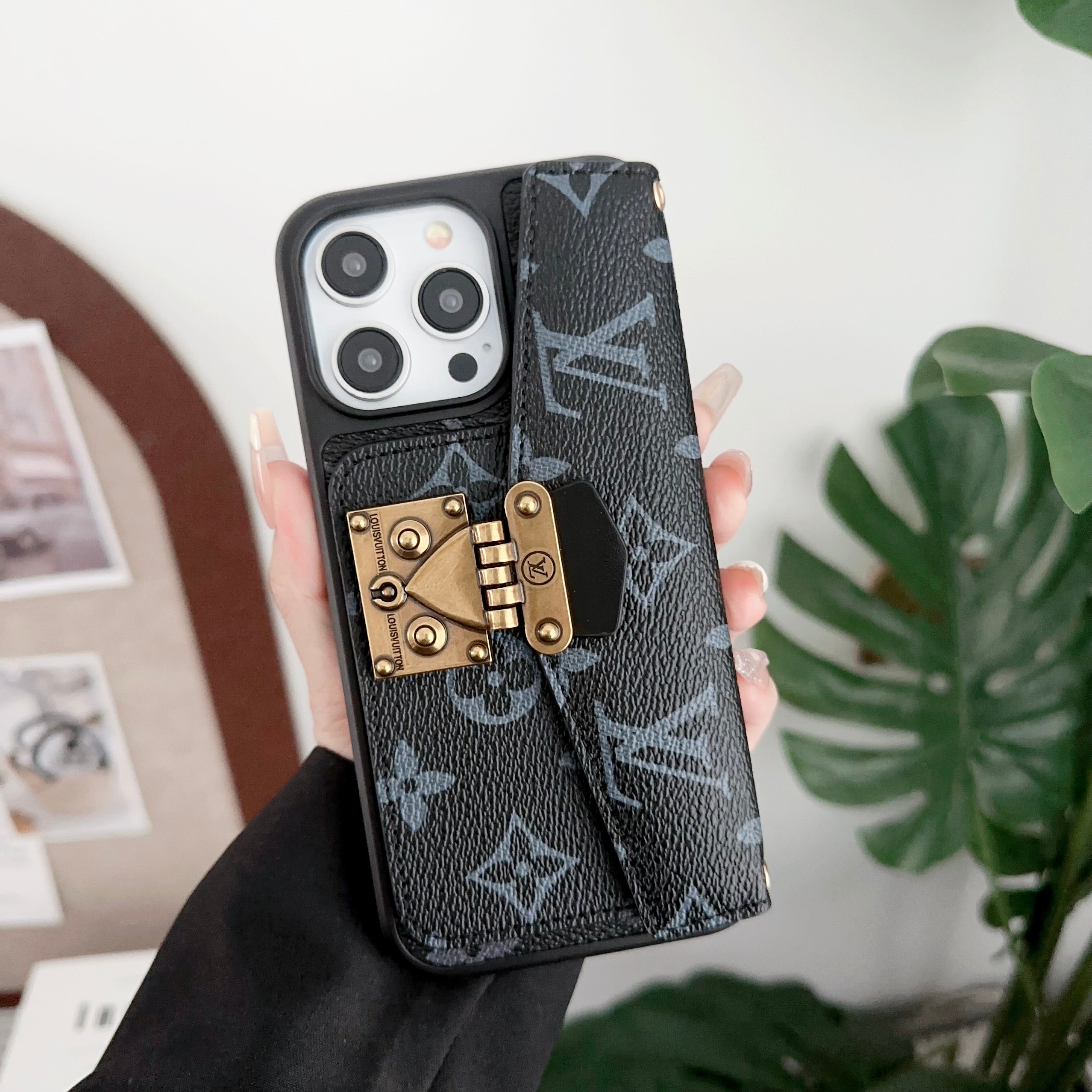 Monogram iPhone Case With Purse And Crossbody Strap Black -XKK240329-GTOCASE