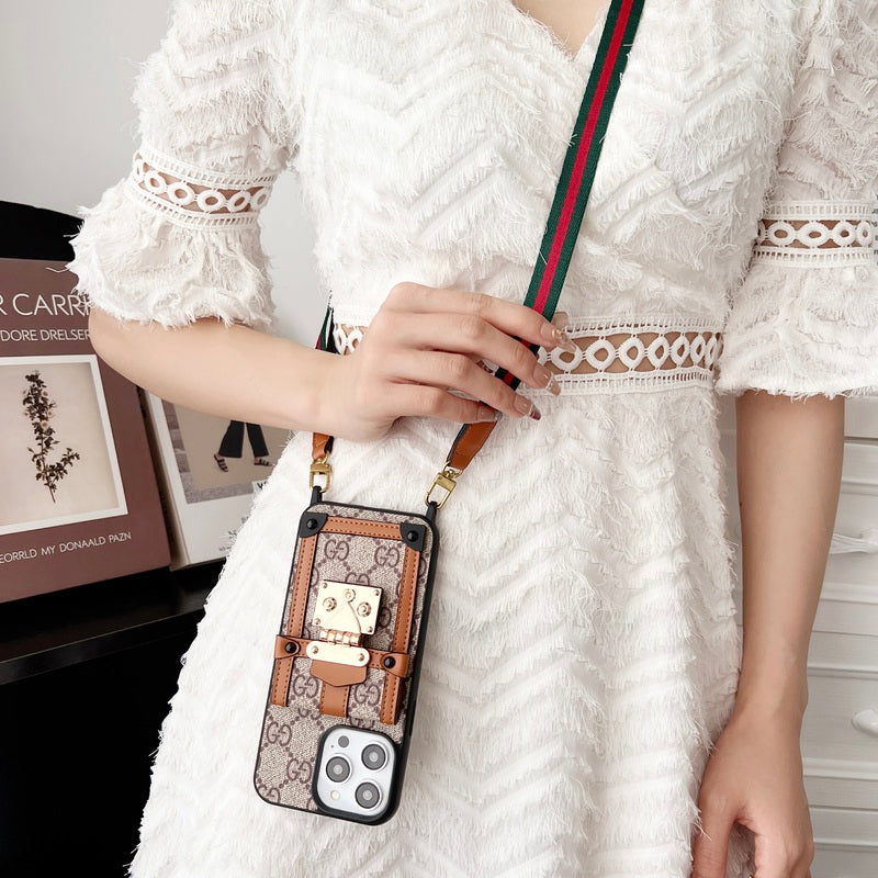 GG iPhone Case With Wallet And Strap Brown -TDK240330-GTOCASE