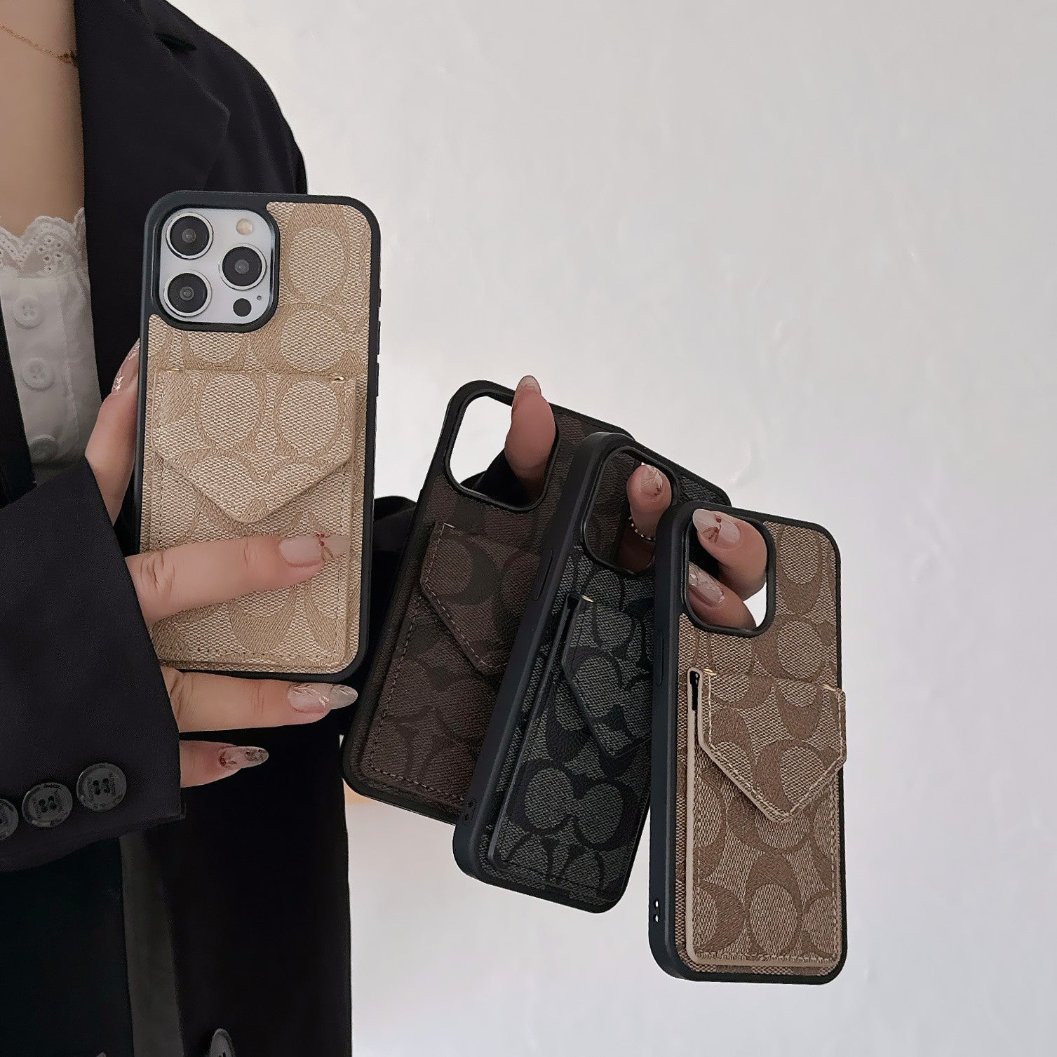CH iPhone Case With Card Holder And Strap Light Black -SJ240513-GTOCASE