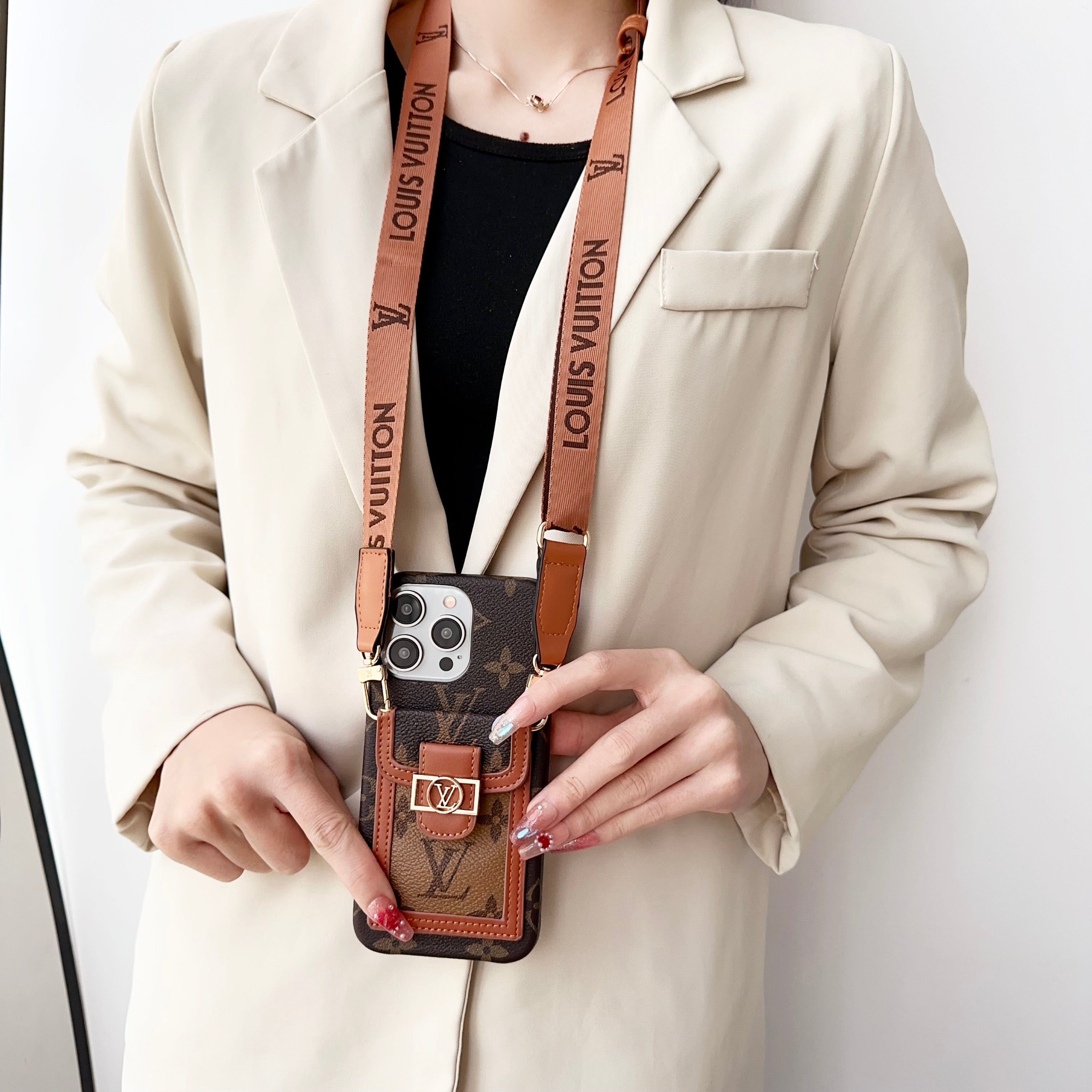 Monogram Dauphine iPhone Case With Card Holder And Strap Brown -LQK240329-GTOCASE
