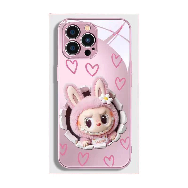 DT23 Labubu Designer Toy Glass Case for iPhone 16 Pro Max/15 Pro Max - Crystal-clear tempered glass with exclusive artwork, military-grade shockproof protection, trendy collectible style