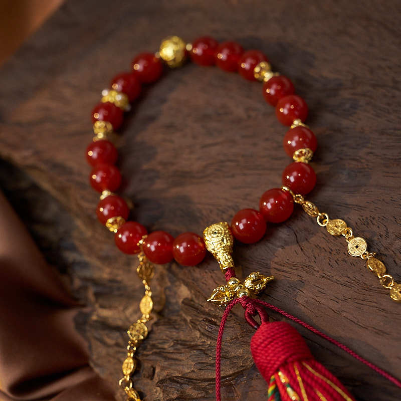 Spiritual Tibetan Vajra Power Bracelet - 18 Red Agate Beads for protection, handmade mala with ancient coin for good fortune