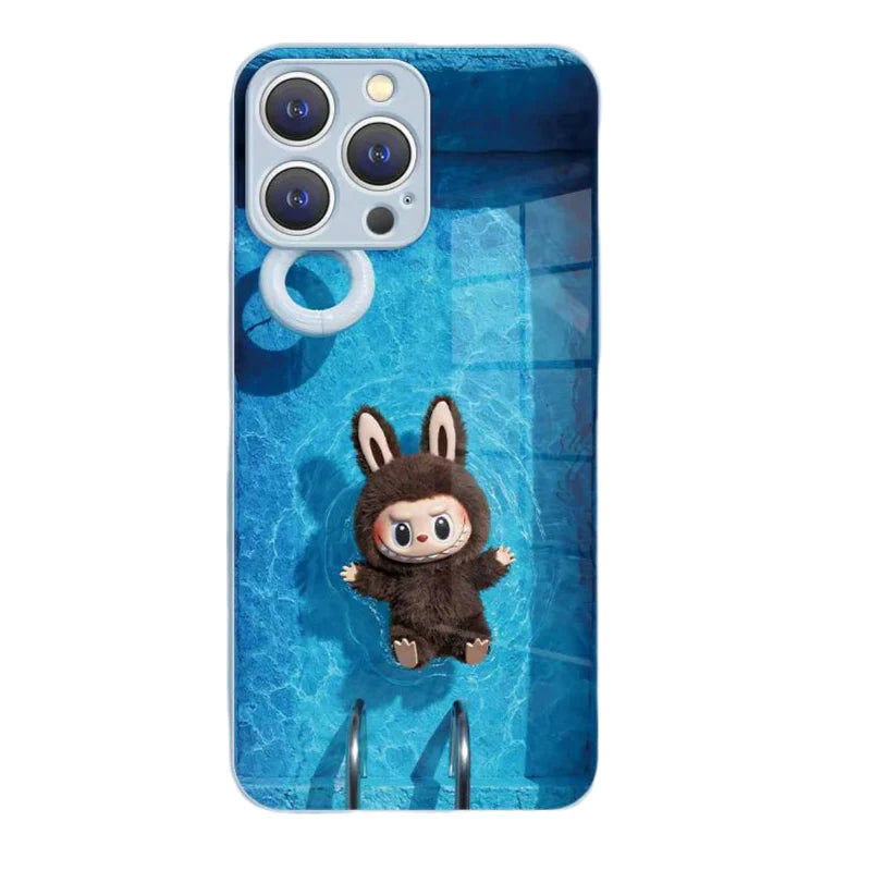 DT14 Labubu Designer Toy Glass Case for iPhone 15 Pro Max - Gallery-grade UV art print, military drop protection & anti-scratch tempered glass back