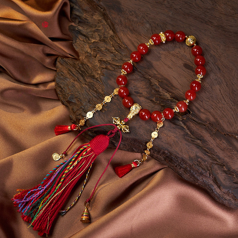 Authentic Tibetan Vajra Power Bracelet with 18 Red Agate Beads for Protection & Wealth, Sacred Buddhist Mala with Ancient Coin Charm