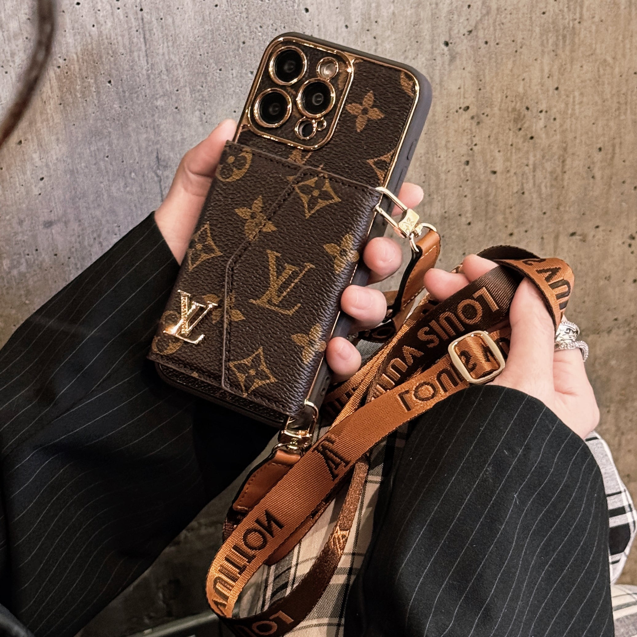 Monogram iPhone Case With Wallet And Strap Brown Big Printing-XFQ240329-GTOCASE