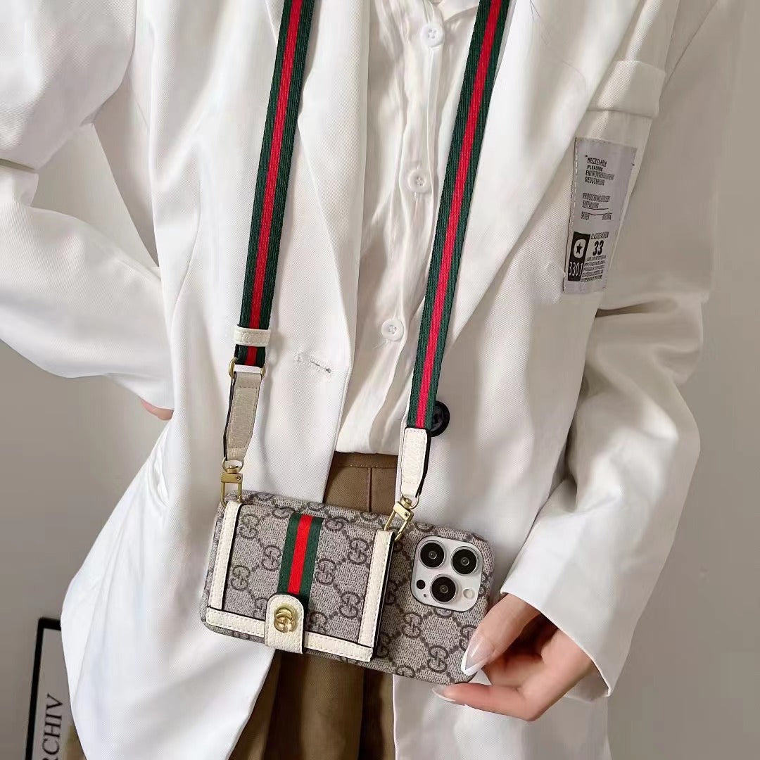 GG iPhone Case With Wallet And Crossbody Strap White -XK240330-GTOCASE