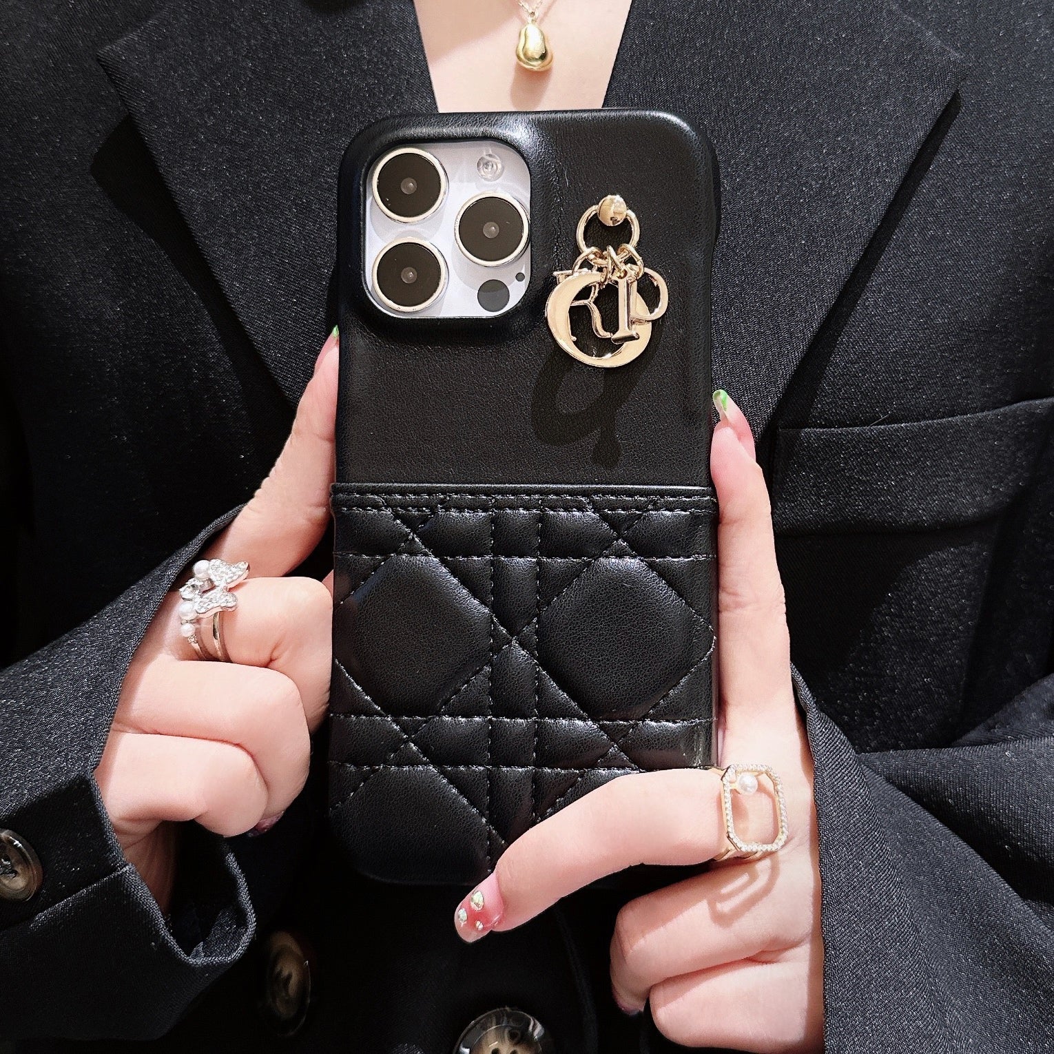Classic CD iPhone Case With Card Holder Leather Black-JDK240513-GTOCASE