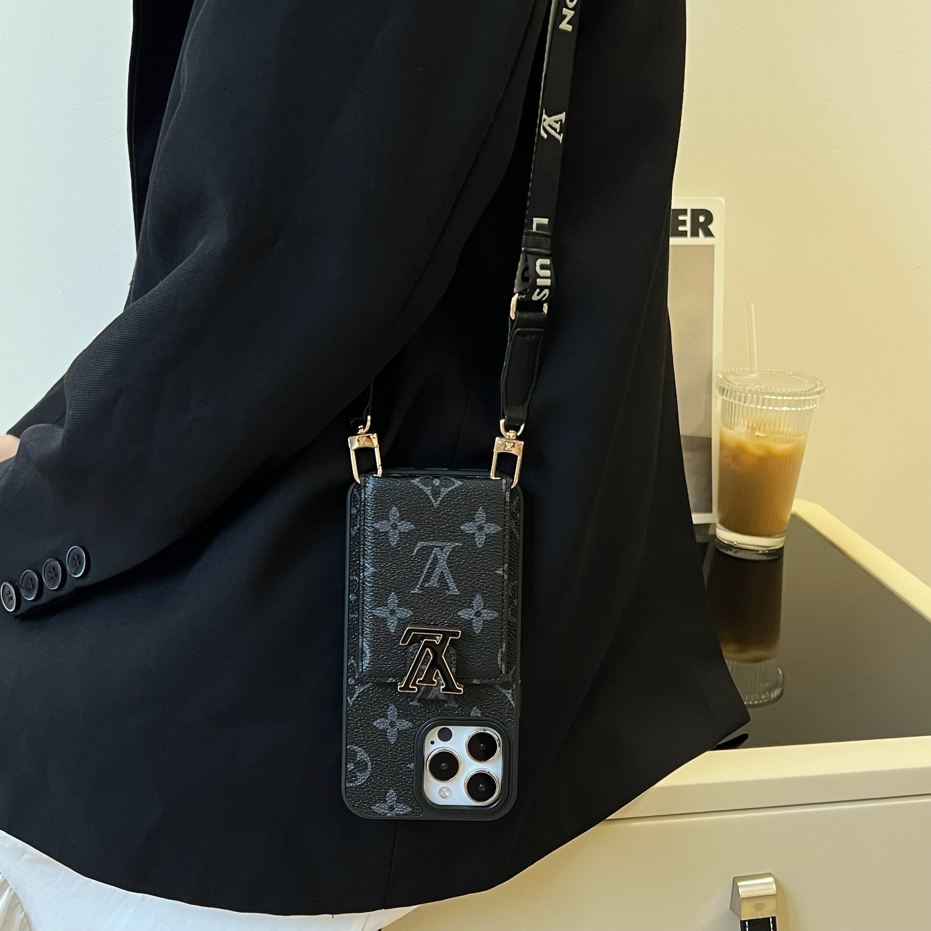 Monogram Case With Card Holder For iPhone And Strap For iPhone Black-SXK241712-GTOCASE