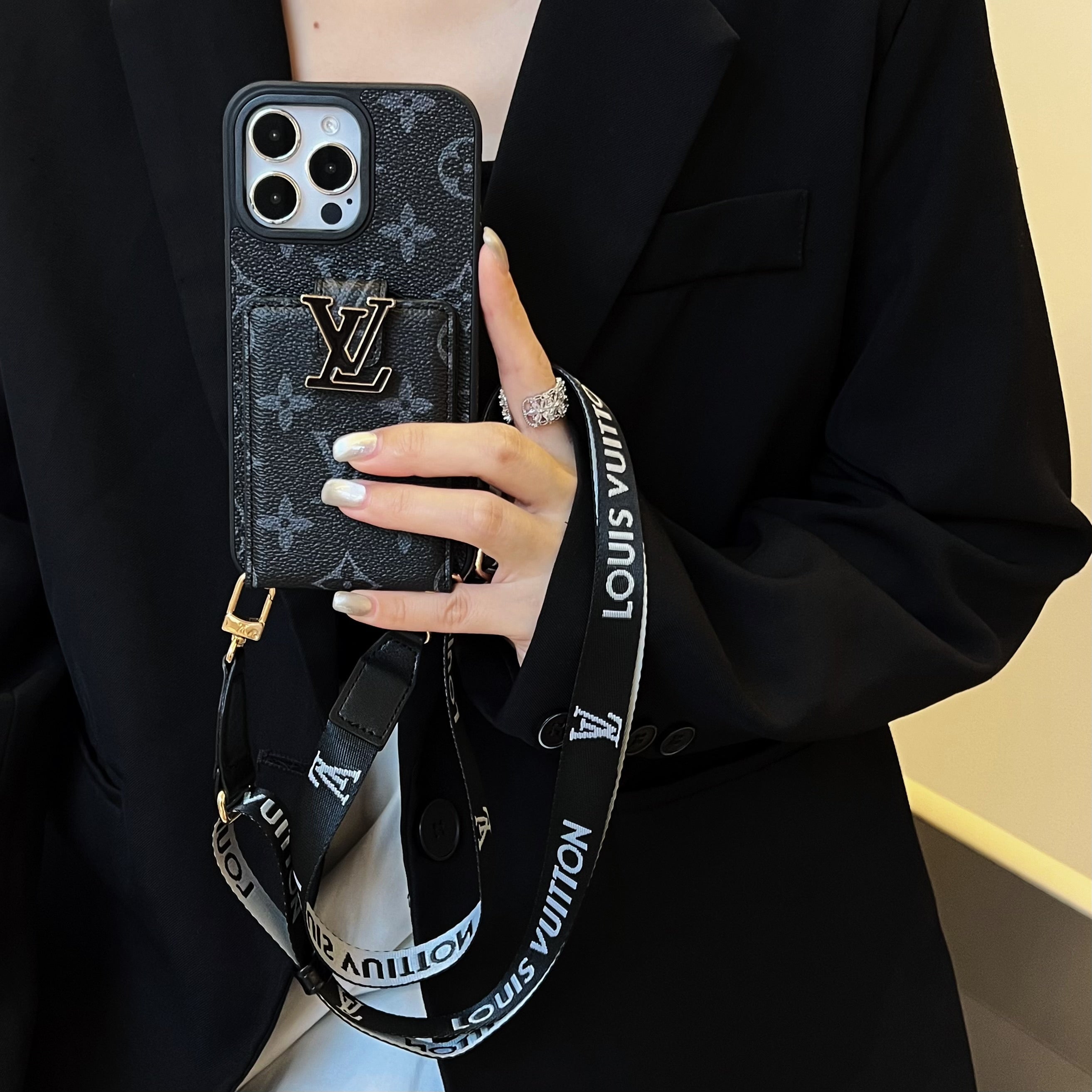 Monogram Case With Card Holder For iPhone And Strap For iPhone Black-SXK241712-GTOCASE