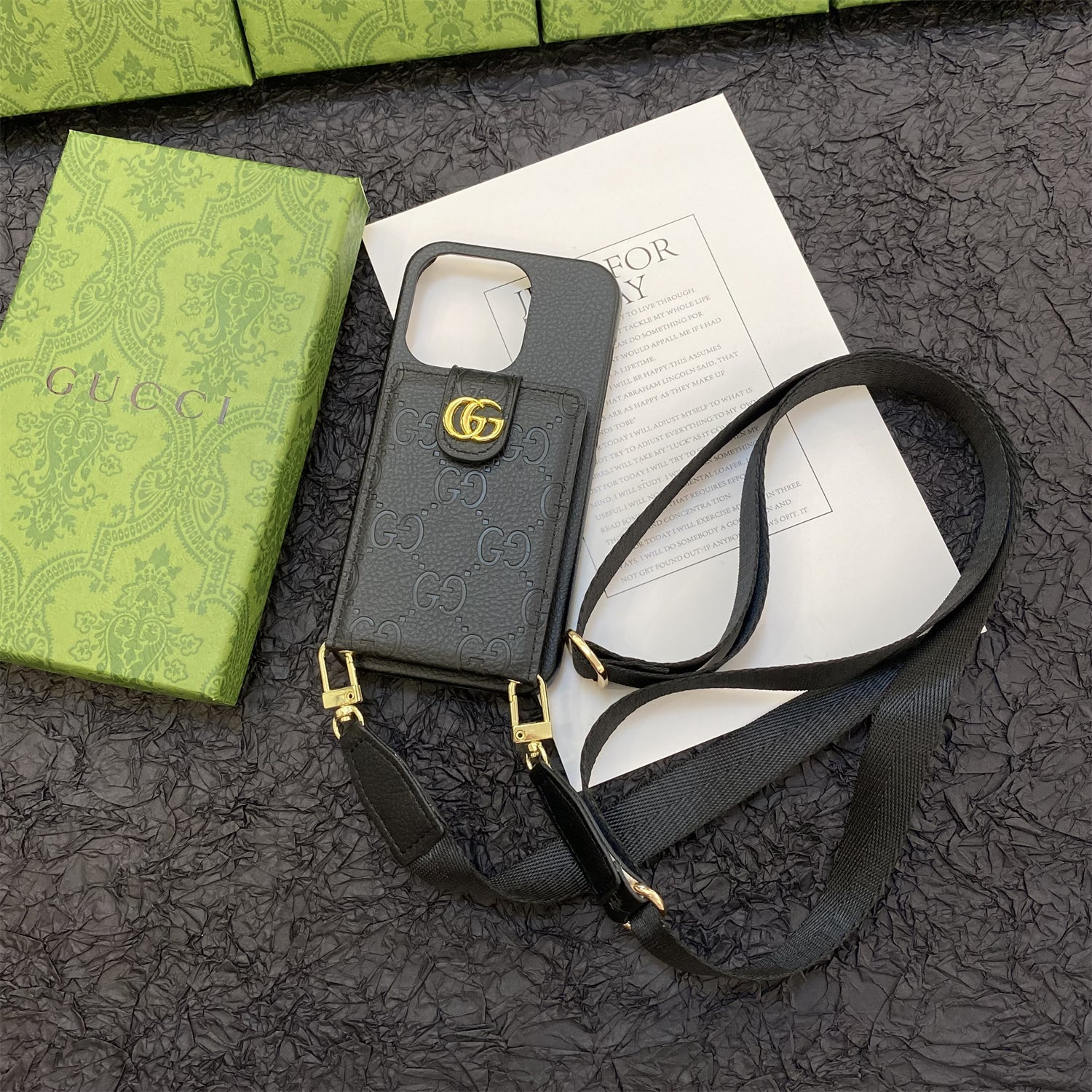 GG iPhone Case With Wallet And Strap Black -SXK240513-GTOCASE