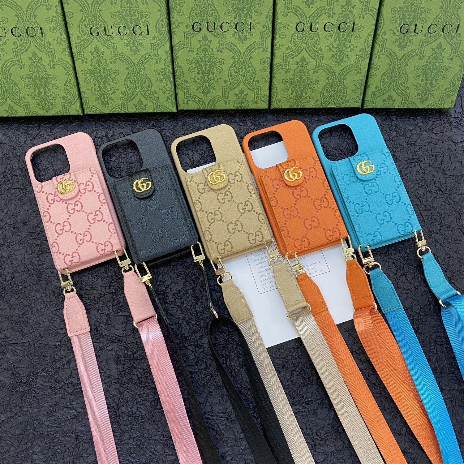 GG iPhone Case With Wallet And Strap Black -SXK240513-GTOCASE