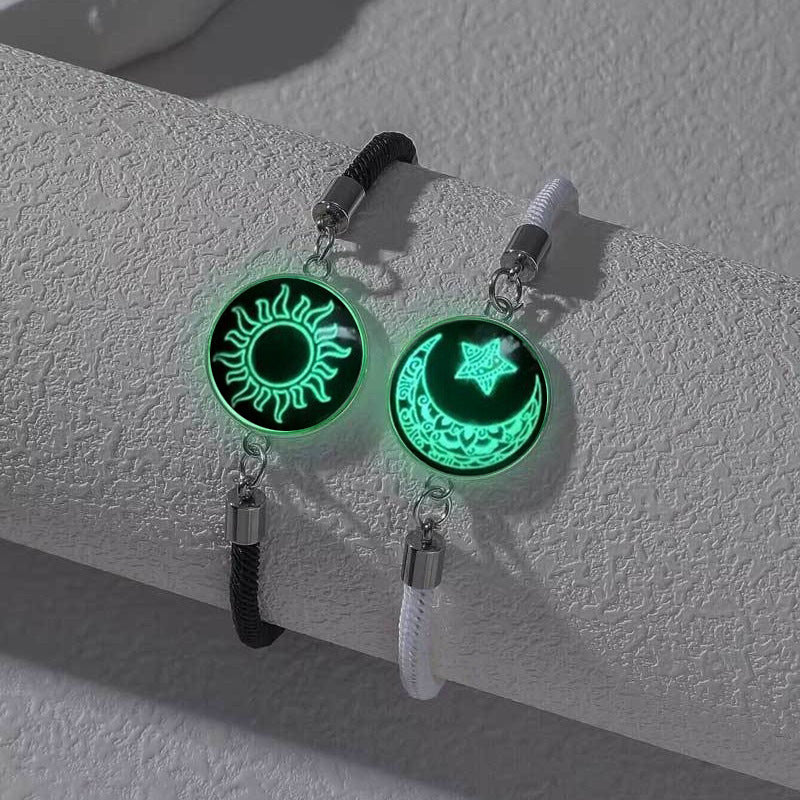Glow in dark stainless steel couple bracelet with adjustable rope, perfect Valentine's Day gift for lovers - B06 Sun Moon Glow Bracelet