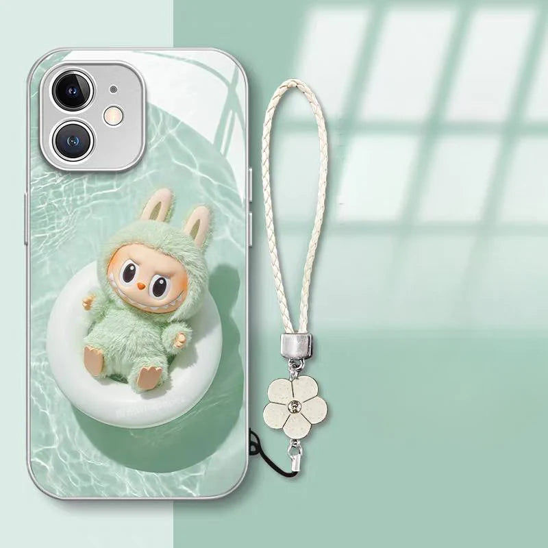 DT01 Labubu Designer Toy iPhone 16 Pro Max Case with Premium Glass Protection & Detachable Lanyard - Trendy Art Cover for Fashion Lovers