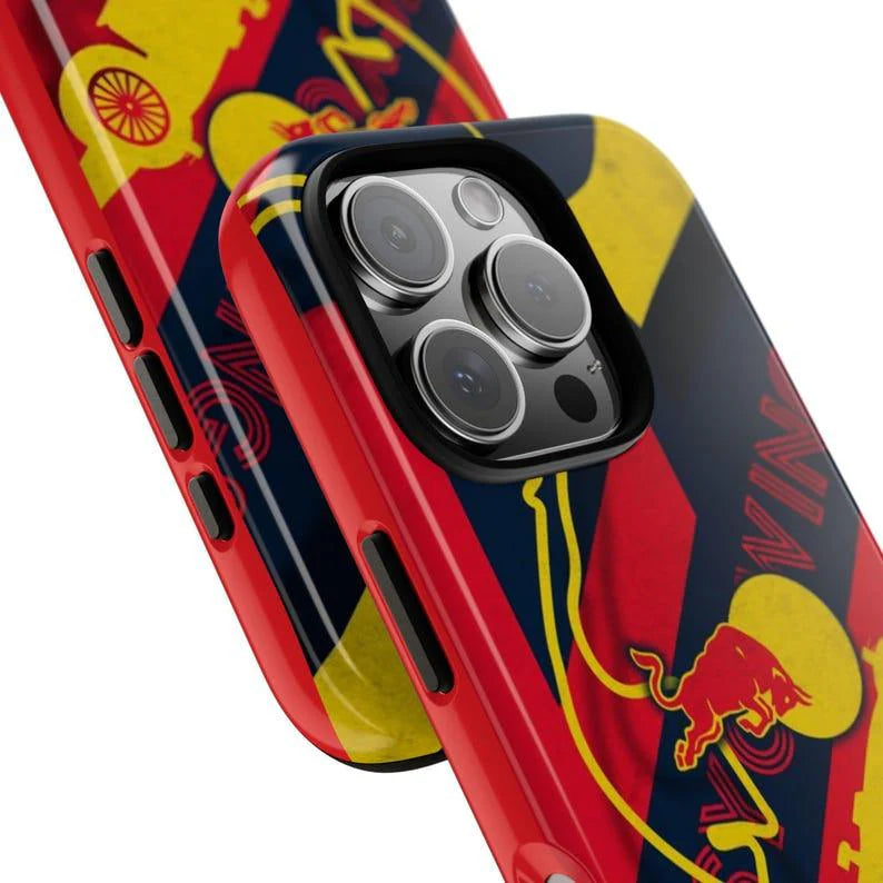 Red Bull inspired iPhone case with military-grade dual-layer shockproof protection for iPhone 14/13/12, slim yet protective design with vibrant UV print