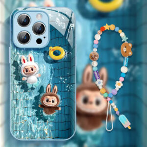 DT08 Labubu Designer Toy iPhone Case with Lanyard - Trendy Glass Cover for iPhone 16 Pro Max/15 Pro Max/14 Pro Max