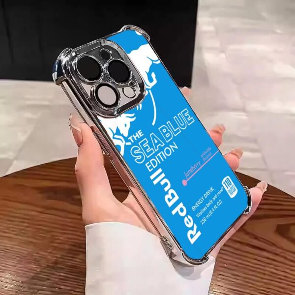 Ultra durable Red Bull themed iPhone 16 Pro Max case featuring precise cutouts for all ports and buttons - stylish ocean blue print